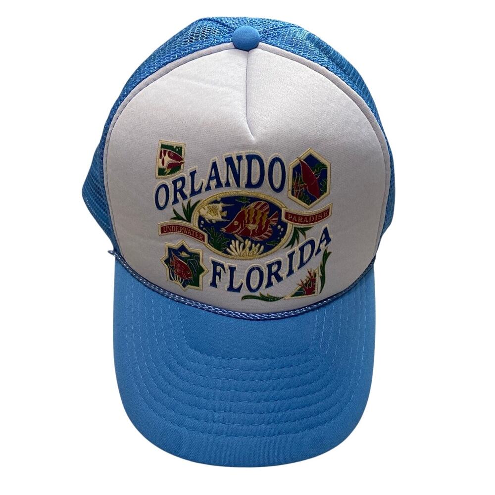 Vintage Orlando Florida Trucker Hat Mesh Snapback Blue Underwater Paradise foam